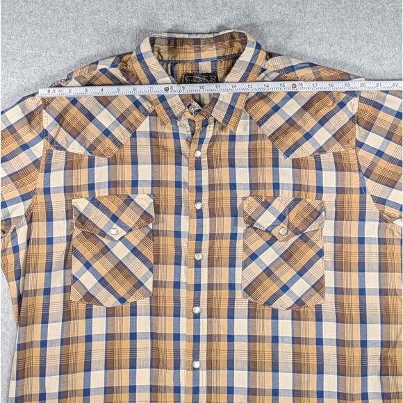 High Noon Mens XL Brown Plaid Pearl Snap Short Sleeves Pockets Rodeo Western - Picture 11 of 12